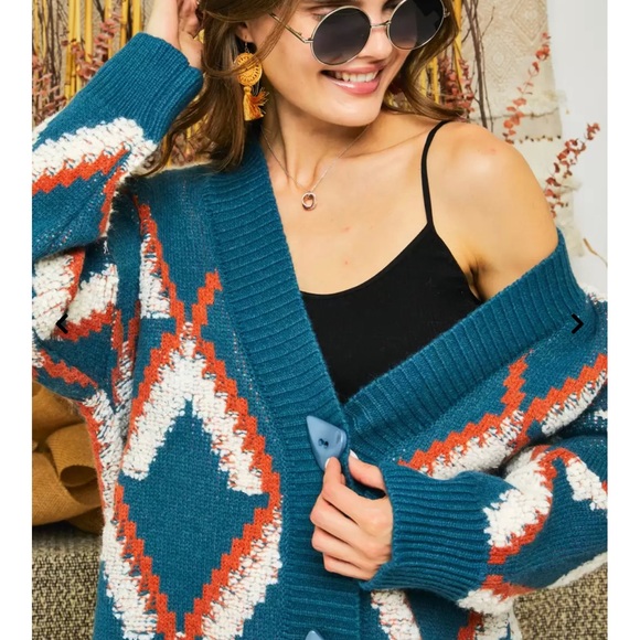 NWT Adora Teal & Orange Geometric Abstract Shaped Button Cardigan One Size - Picture 6 of 16